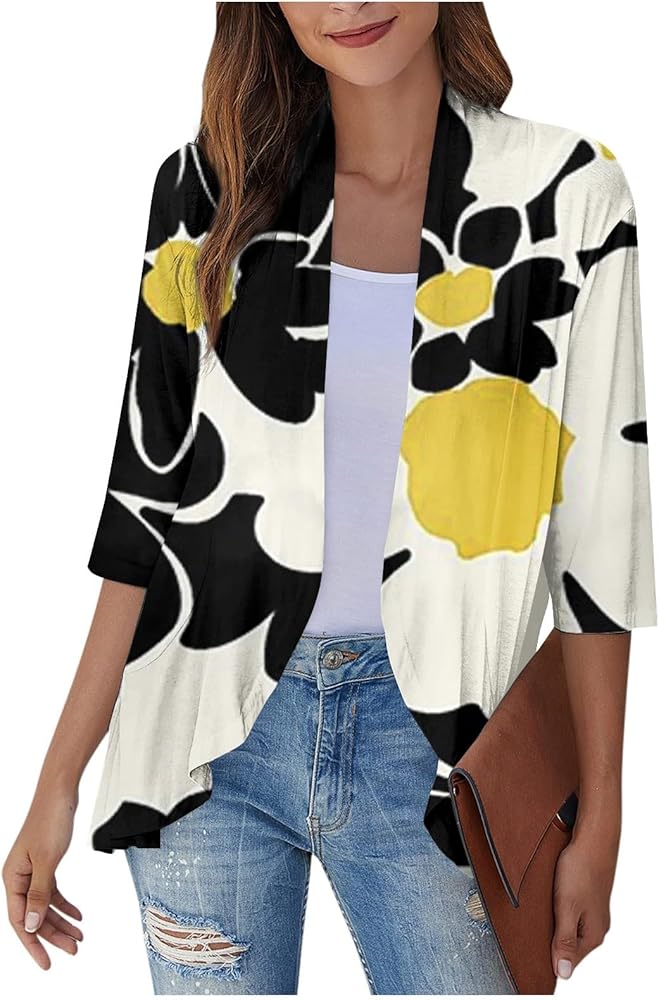 Women's Chunky Cardigans and Thin Coat, Three-Quarter Sleeve Printed Ruffled Cardigan Winter Sweaters 2023, S-3XL