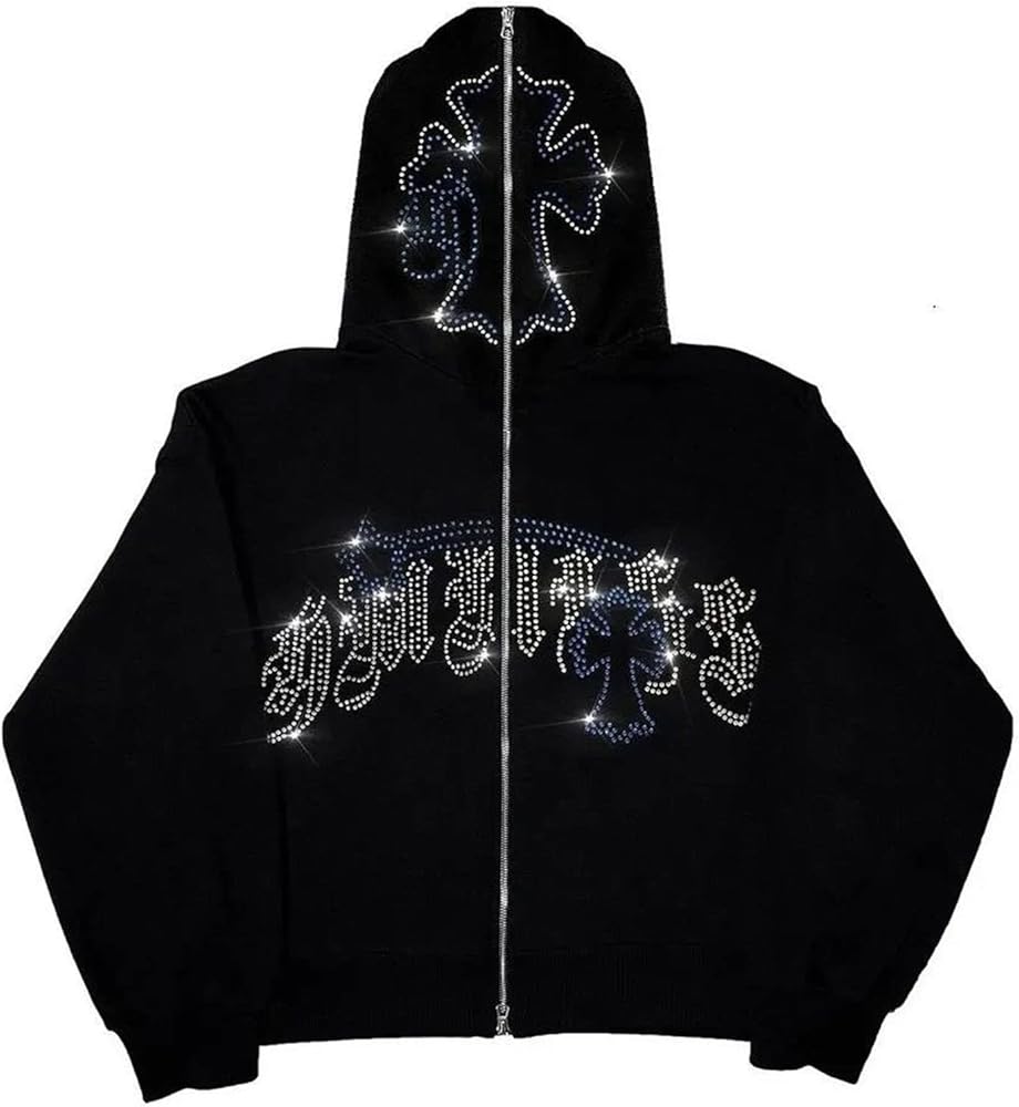 Skeleton Zip Up Hoodie for Men Women, Gothic Y2K Jacket Diamond Glitter Oversize Grunge Punk Dark E-Girl Sweatshirt