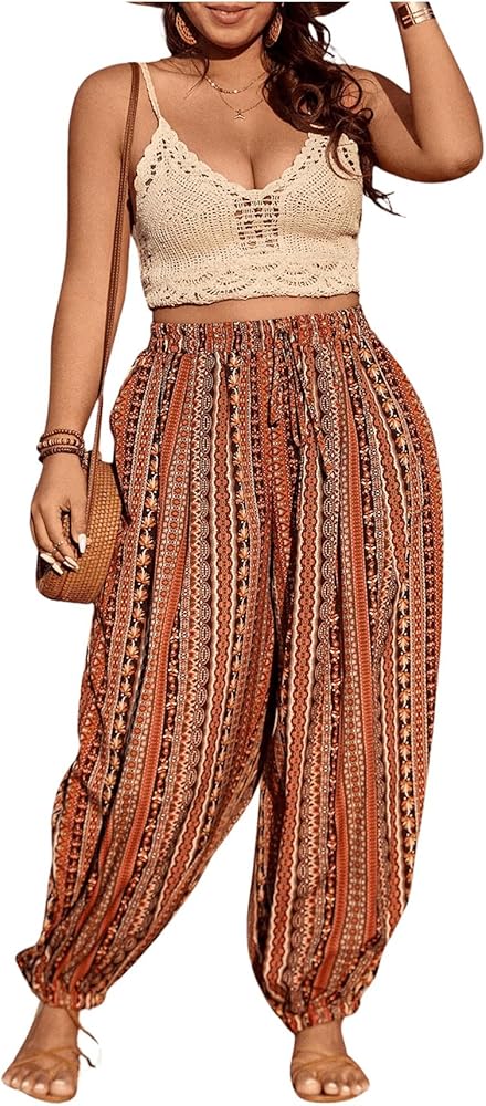 Verdusa Women's Plus Size Elastic High Waisted Tribal Print Tapered Harem Pants