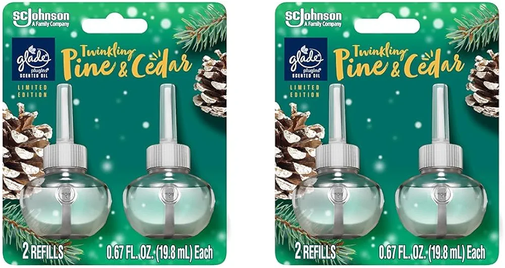 Glade PlugIns Refills Air Freshener, Scented and Essential Oils for Home and Bathroom, Twinkling Pine & Cedar, 1.34 Fl Oz, Limited Edition Scent, 2 Count (Pack of 2)