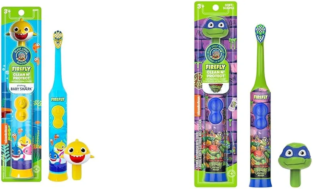 FIREFLY Baby Shark Toothbrush with Cover, Soft Bristles, Battery Included, Ages 3+, 1 Count Teenage Mutant Ninja Turtles Toothbrush with Cover, Soft Bristles, Battery Included, Ages 3+, 1+1