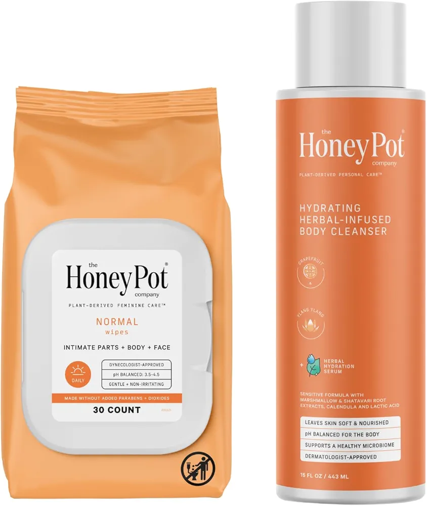 The Honey Pot Company - Normal Feminine Wipes & Grapefruit Body Cleanser Bundle - Daily PH Balancing, Hydrating Body Cleanser to Moisturize & Cleanse Skin - Wipes for Body or Face - Feminine Products