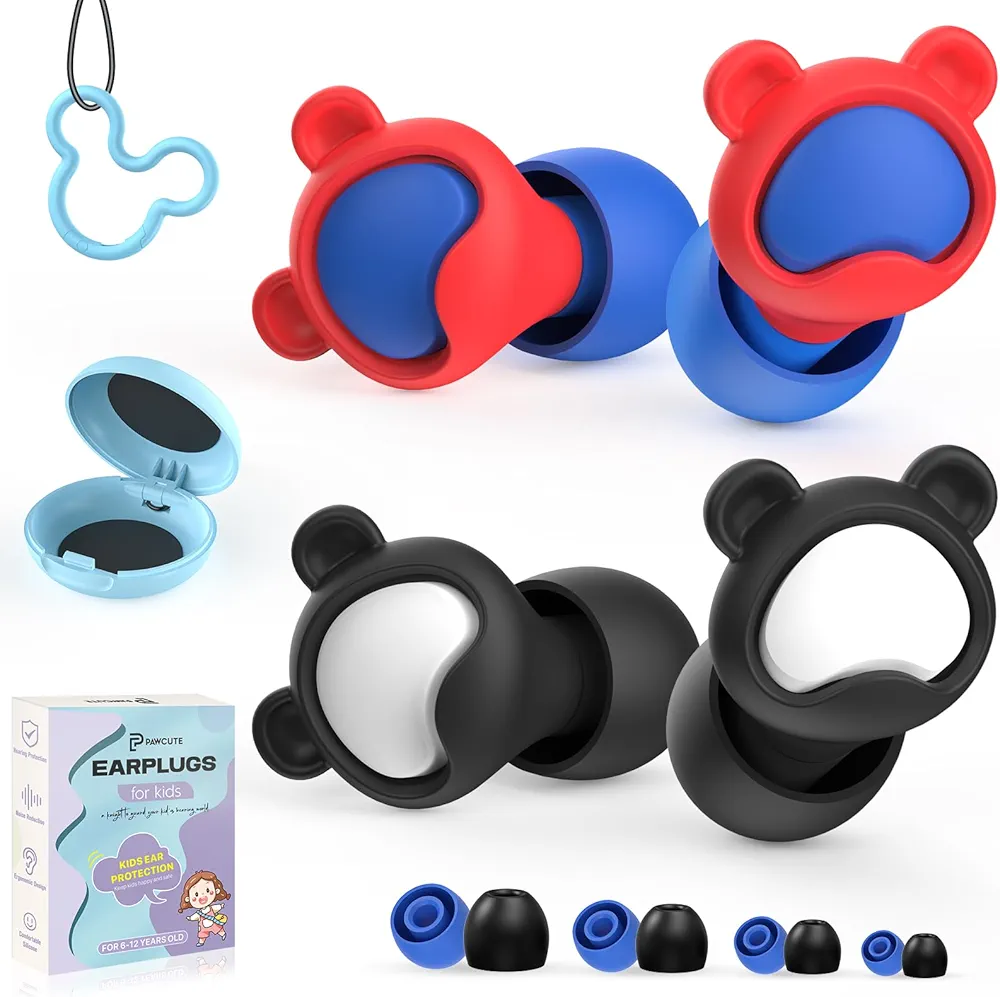 Kids Ear Plugs 2 Pairs(6-12 yrs), Reusable Noise Cancelling Earplugs, Silicone Noise Sensitivity Ear Plugs for Children/Small Ears, Ear Protection for Concerts/Flying/School/Playtime(Black+Red)