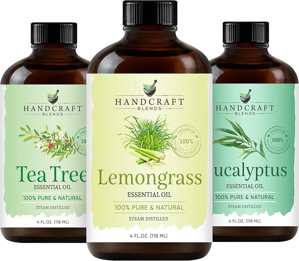 Handcraft Eucalyptus Essential Oil, Tea Tree Essential Oil and Lavender Essential Oil Set – Huge 4 Fl. Oz – 100% Pure and Natural Essential Oils – Premium Therapeutic Grade with Premium Glass Dropper