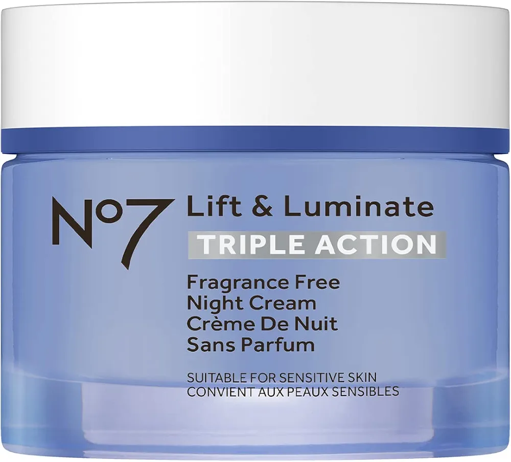 No7 Lift & Luminate Triple Action Fragrance Free Night Cream - Anti Wrinkle, Collagen Peptide Brightening Cream - Skin Firming Hyaluronic Acid & Hibiscus + Vitamin C Face Cream (50ml)