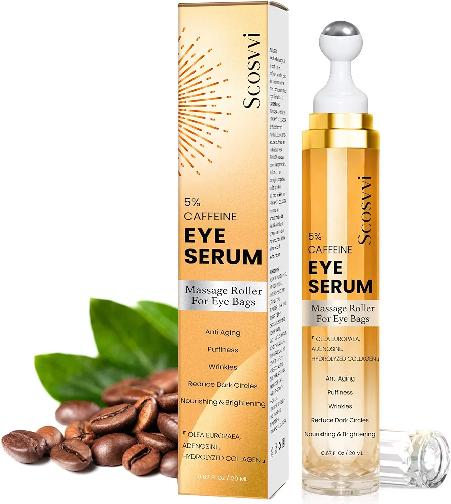 Caffeine Eye Serum for Dark Circles, Anti Aging, Puffiness & Fine Lines With Ice Roller for Puffy Eyes & Under Eye Bags, Eye Skin Care For Women & Men