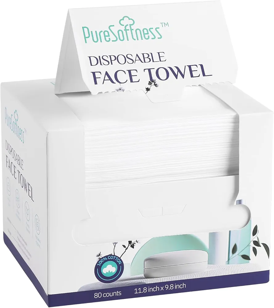 Disposable Face Towel, 100% Cotton, 80 Count, Extra Large 12" x 10", Soft Dry Wipe for Face Wash, Makeup Remover, Bio-Based Towelette for Sensitive Skin (1 pack)