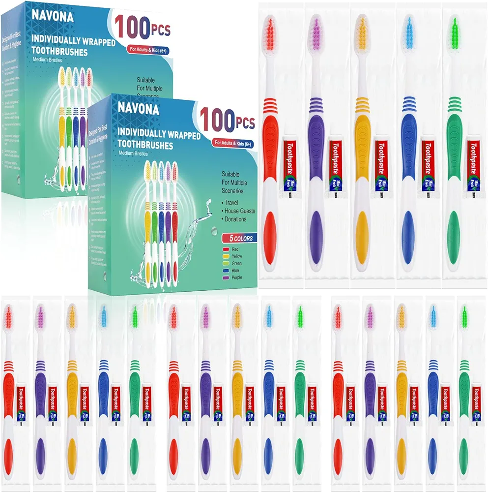 200 PCS Individually Wrapped Bulk Toothbrushes with Toothpastes, Colorful Manual Disposable Toothbrush for Adult or Kid, Ergonomics Handle, Medium Soft Bristles, Perfect for Travel, Hotels, Donations