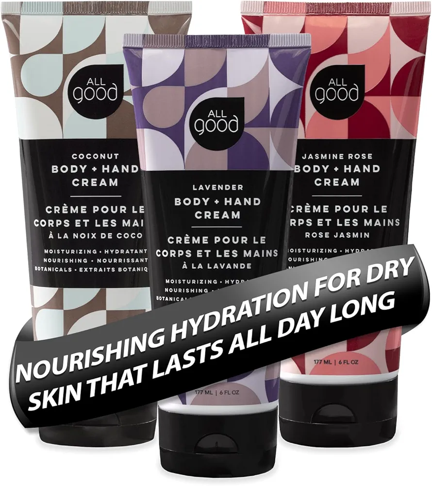 All Good Body & Hand Cream for Women & Men | Organic Daily Moisturizer for Dry Skin | Lavender Oil, Cocoa Butter, Rosehip Oil, Arnica, Vitamin E (Coconut, Lavender, Jasmine Rose)(3-Pack)