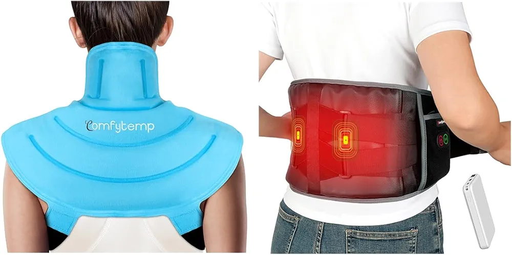 Comfytempp Ice Pack for Neck and Shoulders Pain Relief with Straps & Cordless Heating Pad with Massager for Back Pain Relief Bundles, FSA HSA Eligible, Gift for Recovery after Surgery, Men Women