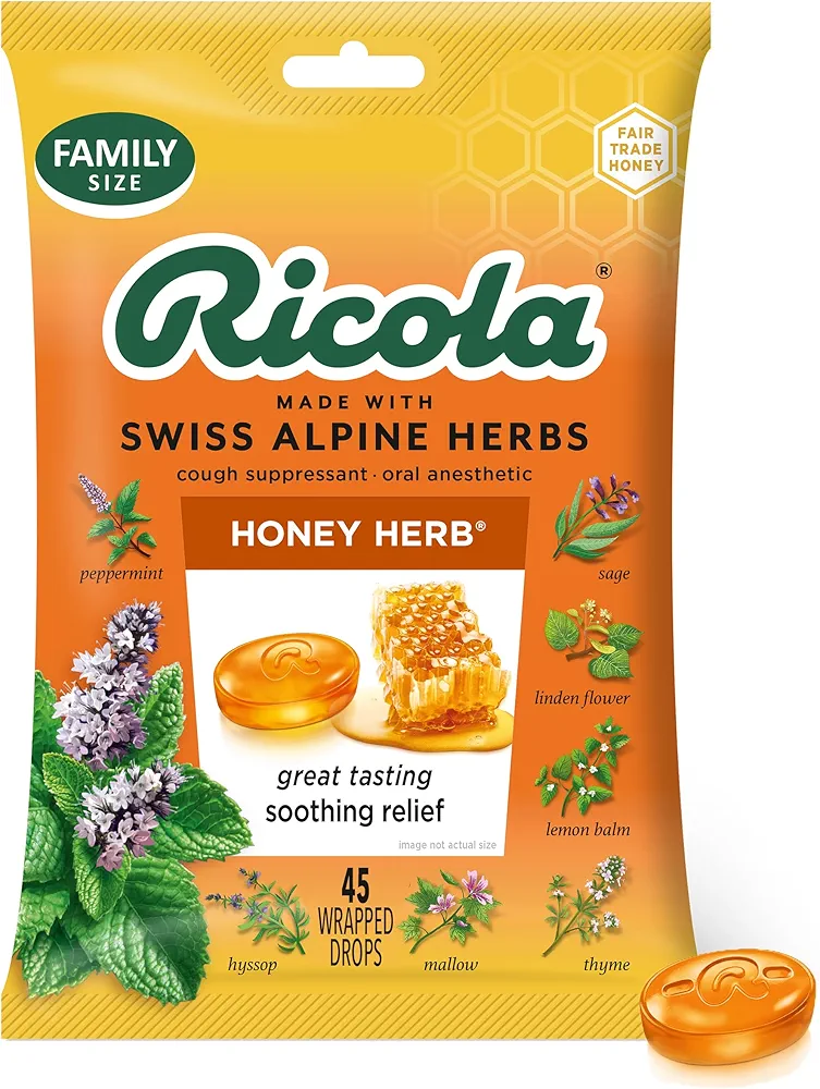 Ricola Honey Herb Cough Drops, 45 Count, Fair Trade Honey & Natural Menthol Cough Suppressant & Throat Relieving Drops, Great Tasting Relief for Coughs & Throat Irritation Symptoms