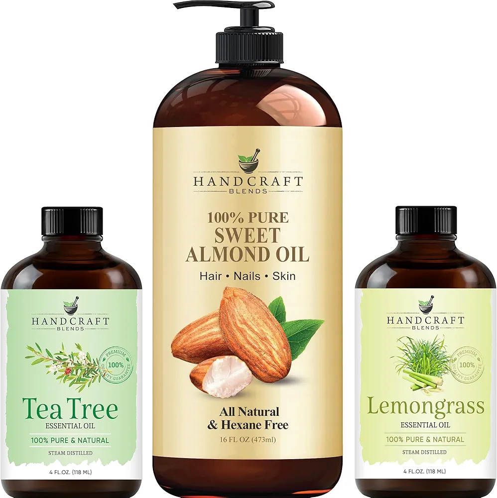 Handcraft Sweet Almond Oil for Skin with Tea Tree Essential Oil and Lemongrass Essential Oil Set – 100% Pure and Natural Oils – Carrier Oil for Essential Oils Mixing, Aromatherapy Oils and Massage