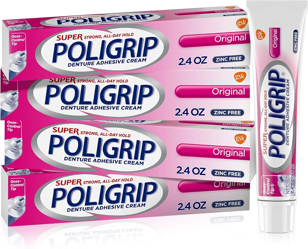 Super Poligrip Original Denture Adhesive Cream, Zinc Free Denture Cream for Dentures - 2.4 Ounces (Pack of 4)