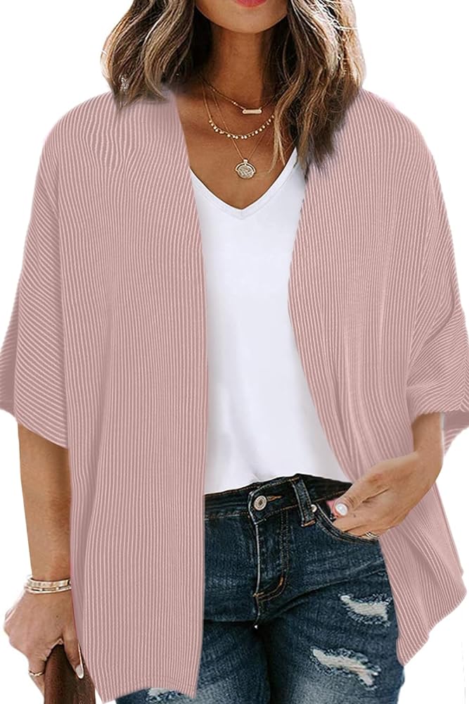 Eytino Women Plus Size Lightweight Cardigan Half Sleeve Ribbed Knit Kimono Cardigans Tops(1X-5X)