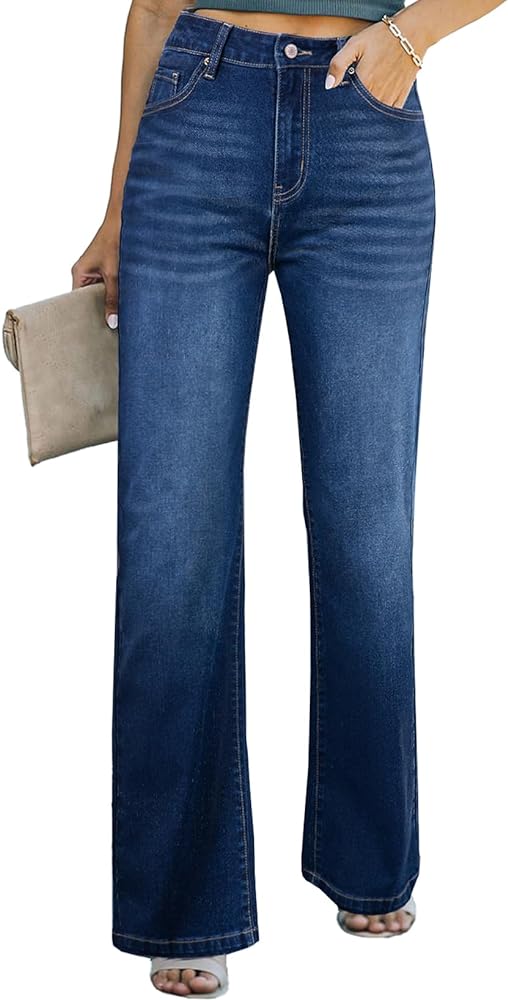 Sidefeel Women's Wide Leg Jeans Casual High Waisted Straight Stretch Denim Pants with Pockets