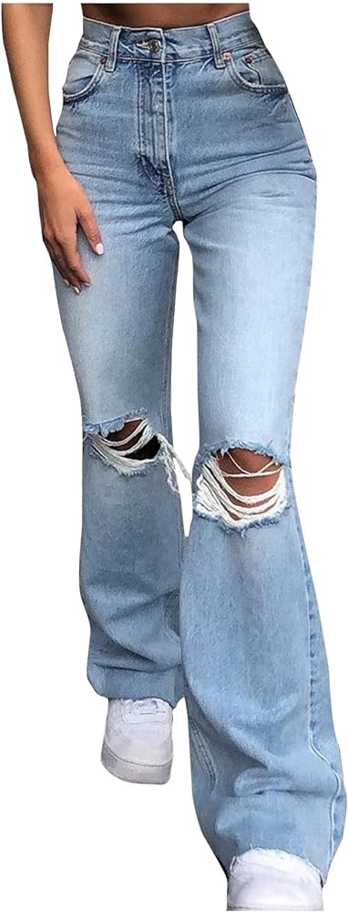 SMIDOW Women's Flare Bell Bottom Jeans Ripped Jeans Stretch Denim Pants Flare Leg Bootcut Distressed Jeans Y2K Jeans