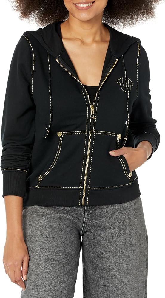 True Religion Women's Lurex Stitch Big T Zip Hoody