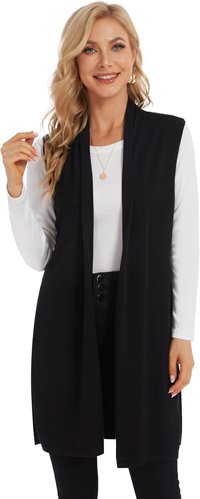 Moss Rose Women's Long Knit Cardigan Vest Casual Sleeveless Open Front Draped Duster Vest (Available in Plus Size)