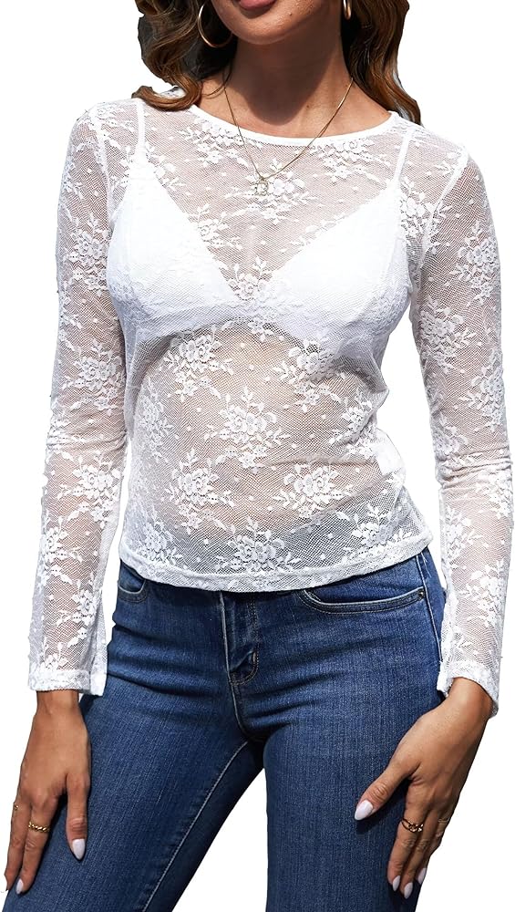 Dressmine Womens Mesh Long Sleeve Tops Lace Layering Top Floral Sheer See Through Tee Sexy Crop Shirt