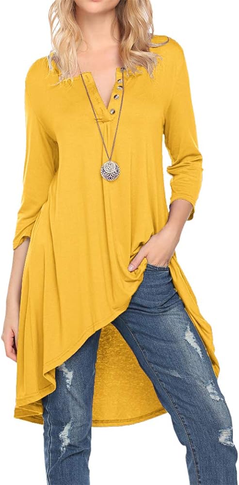 Naggoo Women's 3/4 Sleeve Button V Neck High Low Loose Fit Casual Long Tunic Tops Tee Shirts S-3XL