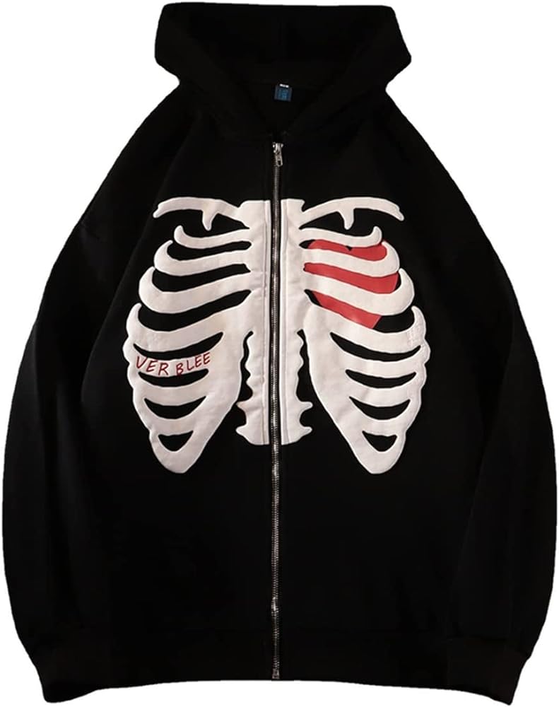 Women Oversized Zip Up Hoodie Fashion Long Sleeve Graphic Skeleton Sweatshirt Cool Outwear