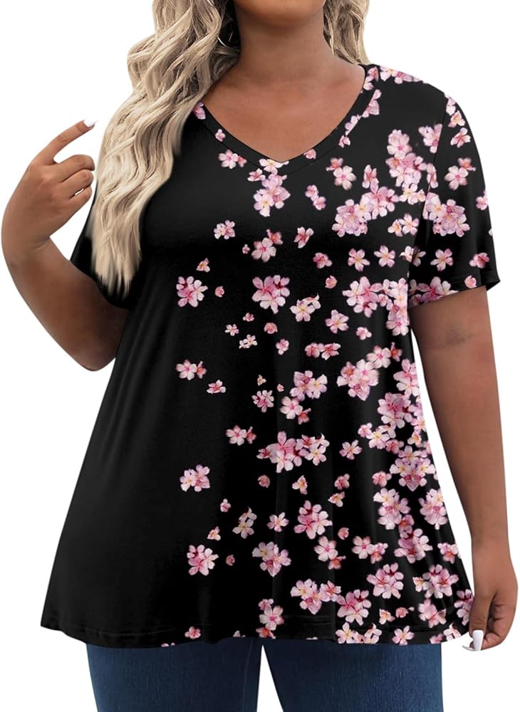 Plus Size Tops for Women Dressy Short Sleeve V Neck Shirts for Women Summer Tops for Women 2024 Floral Print Top