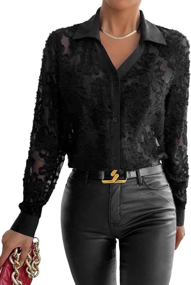 Floerns Women's Sheer Lace Button Down Long Sleeve Floral Blouse Shirt Tops