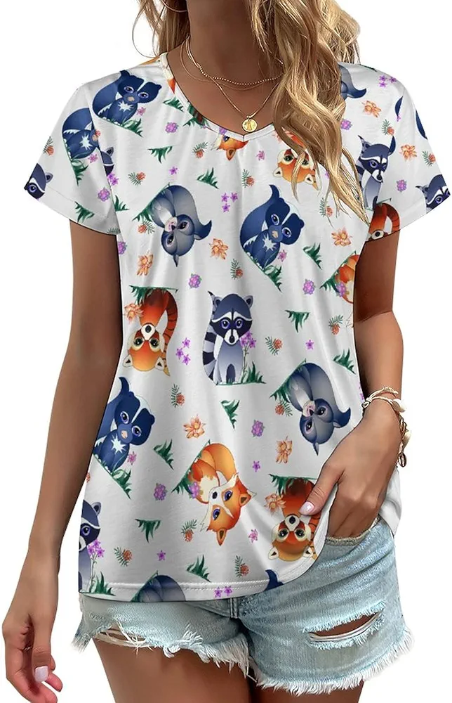 Skunk Fox Squirrel Raccoon Red Panda Print Blouses for Women V Neck T-Shirt Casual Tops Short Sleeve Tunic