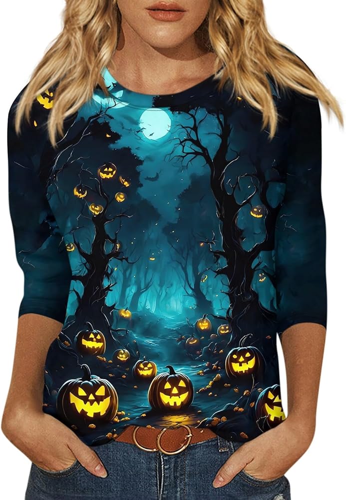 Halloween Costumes 3/4 Sleeve Round Neck Tops Cute Loose Fit Blouse Printed Trendy Tunic Casual Oversized tee