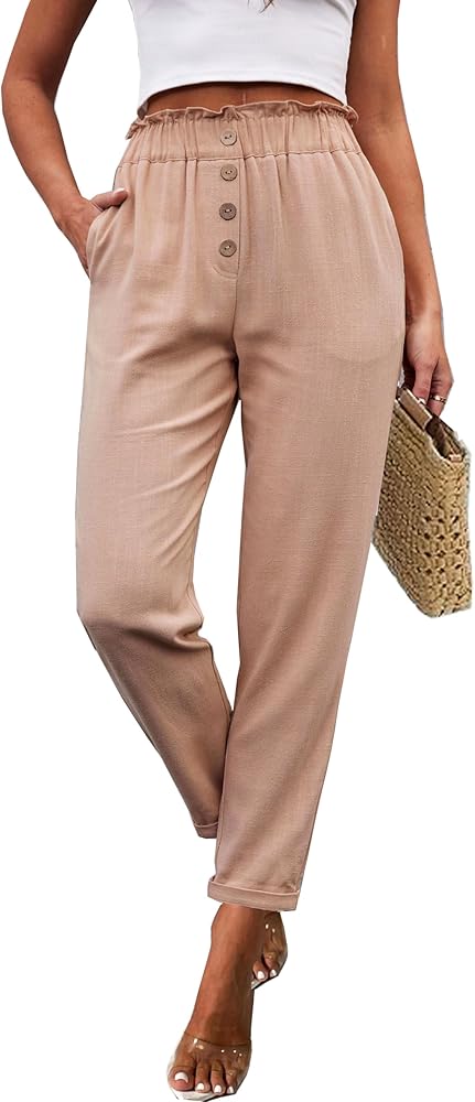 heipeiwa Women's Cotton Linen Casual Cropped Work Pants Summer Paper Bag Dressy Tapered Pants