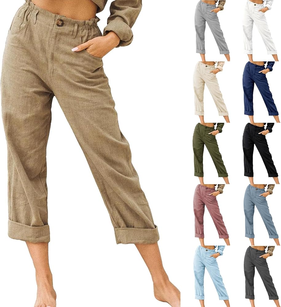 Womens Pull on Capris Summer Casual Elastic High Waisted Linen Pants Comfy Cropped Wide Leg Lounge Pants with Pockets