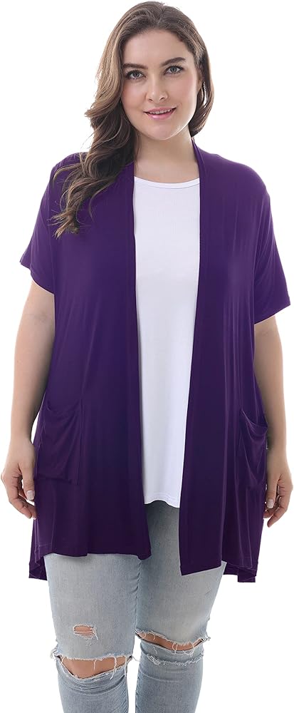 ZERDOCEAN Women's Plus Size Short Sleeve Lightweight Soft Printed Drape Cardigan with Pockets