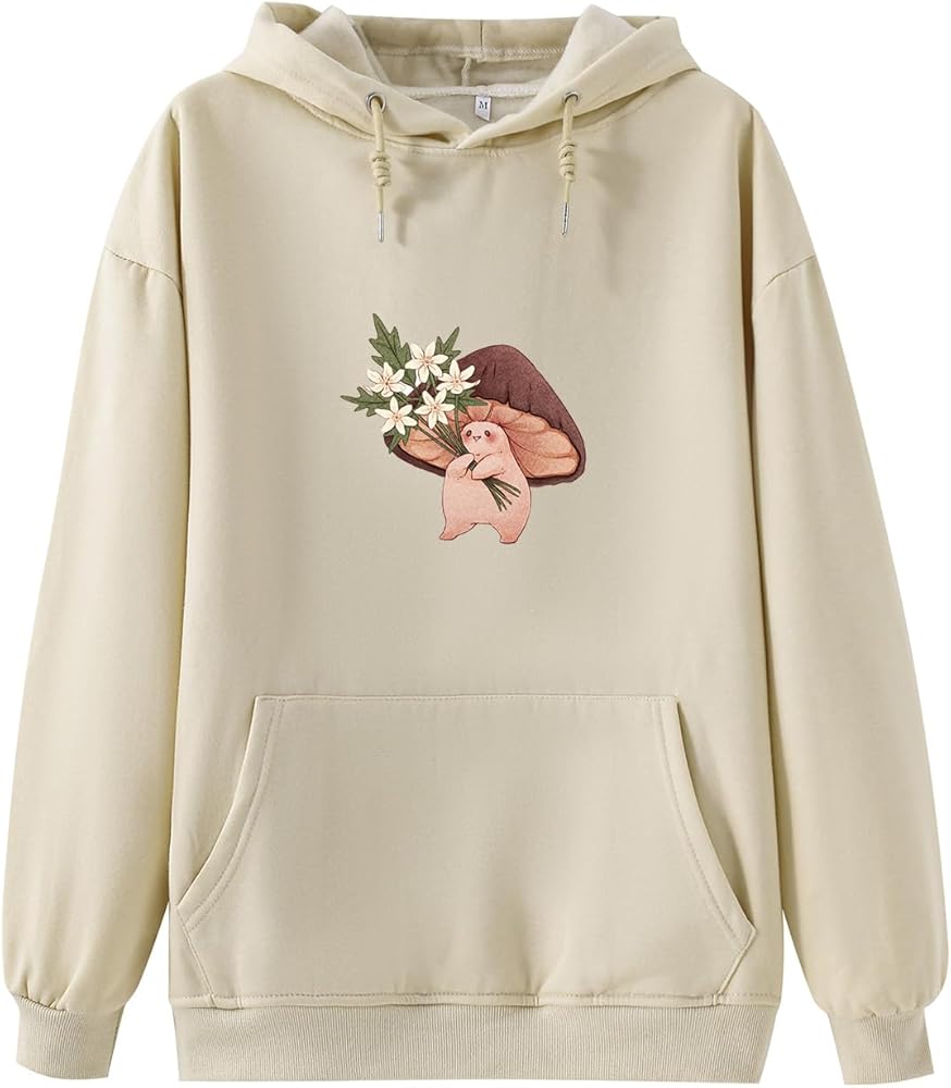 Bubeutou Women Kawaii Mushroom Sweatshirt Graphic Cute Hoodies for Teen Girls Aesthetic Cotton Hoodie Cottagecore Pullover