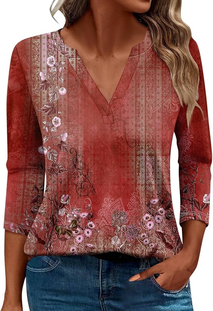 Women Tops Long Sleeve V Neck Print Tees Loose Blouses Floral Clothes Trendy Tunics