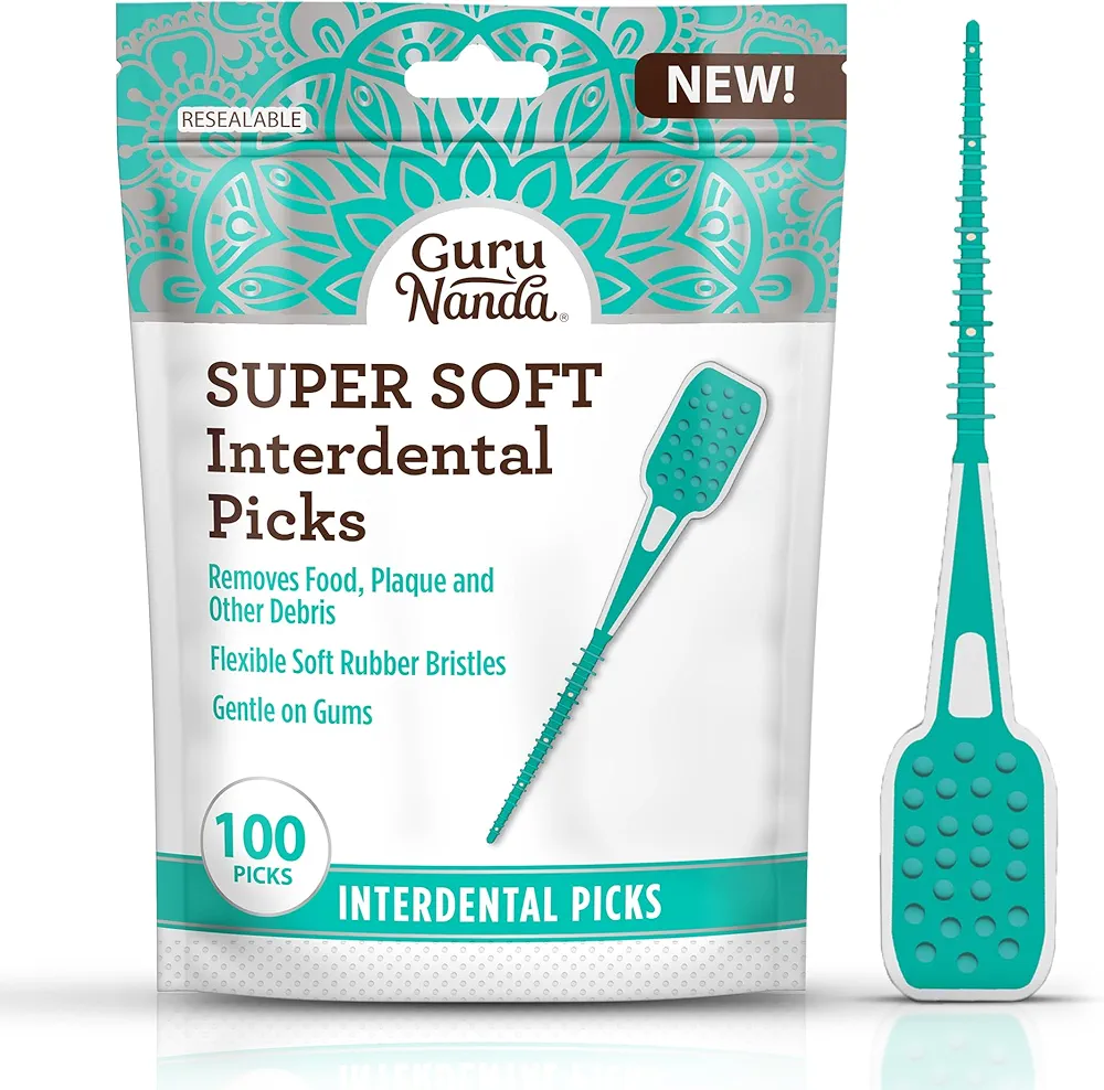 GuruNanda Interdental Picks (Pack of 100), Super Soft & Flexible Rubber Bristles, Dental Floss Picks to Remove Food Debris, Plaque & Go Gentle on Gums