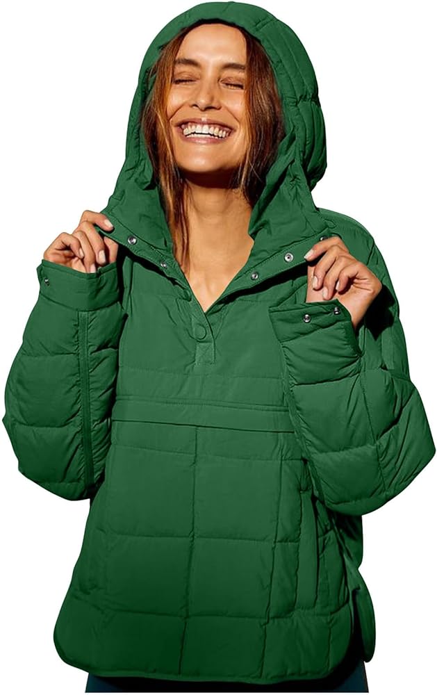 SMIDOW Womens Oversized Puffer Jacket Quilted Dolman Hoodies Lightweight Button Down Hooded Pullover Fall Winter Warm Clothes