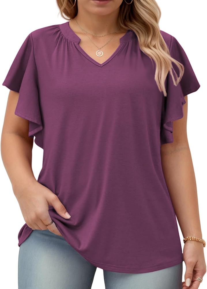 VISLILY Womens-Plus-Size-Summer-Tops Flowy Ruffle Short Sleeve T Shirts Cute Notched V Neck Tunics Casual Blouses Tee XL-5XL