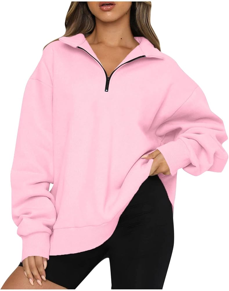 COTECRAM Women Casual V Neck Hoodies Y2k Trendy Oversized Pullover 1/4 Zip Long Sleeve Cute Sweatshirt Plus Size Aesthetic Hoodietops Fall Fashion Clothing Comfy Sweaters For Women(D Pink,Large)