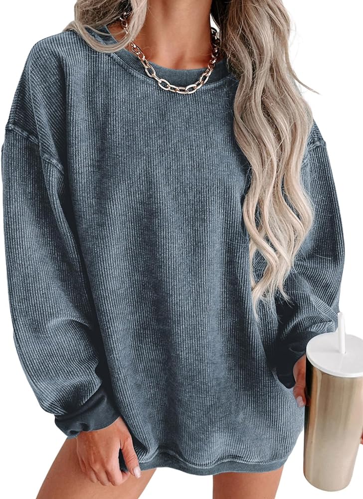 Acelitt Women Casual Winter Crewneck Oversized Corduroy Sweatshirts Pullover Fashion 2023 Long Sleeve Comfy Hoodies Blue Large