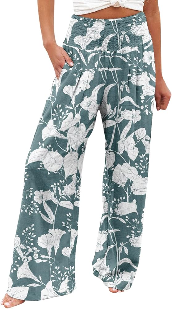 Palazzo Pants for Women Elastic High Waisted Linen Pants Casual Wide Leg Lounge Pants Summer Trousers with Pockets