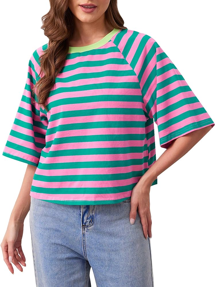 Women Oversized Striped Color Block T Shirts Loose Crew Neck Short Sleeve Blouse Top Casual Summer Basic Tee Shirt