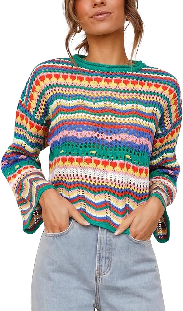 Women Colorful Knit Pullover Crochet Knitted Y2K Long Flared Sleeve Casual Sweater Rainbow Striped Knitwear