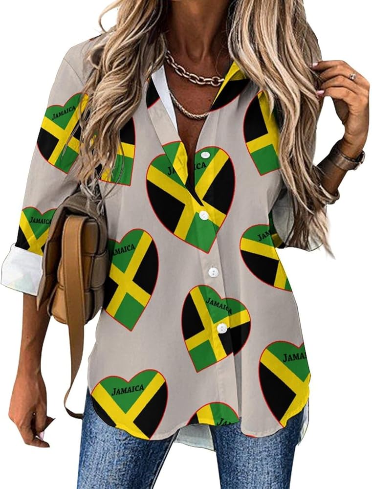 Jamaica Flag Heart Classic Shirts for Women Long Sleeve Blouse Casual V Neck Tee Tops Work Office