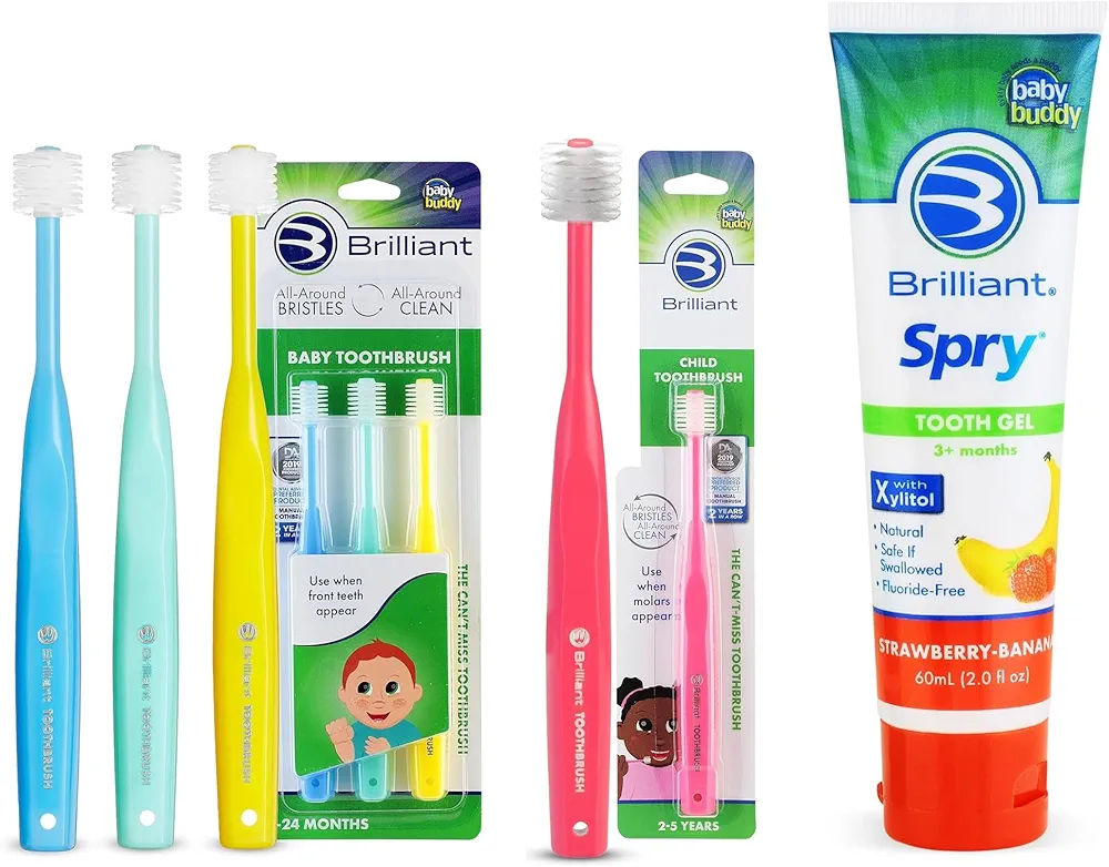 Brilliant Oral Care Bundle; 3 Pack of Baby Toothbrush - Blue Mint Yellow, 1 Pack of Child Toothbrush - Pink with Soft Bristles Round Head, Kids Fluoride Free Toothpaste, Spry Gel with Xylitol