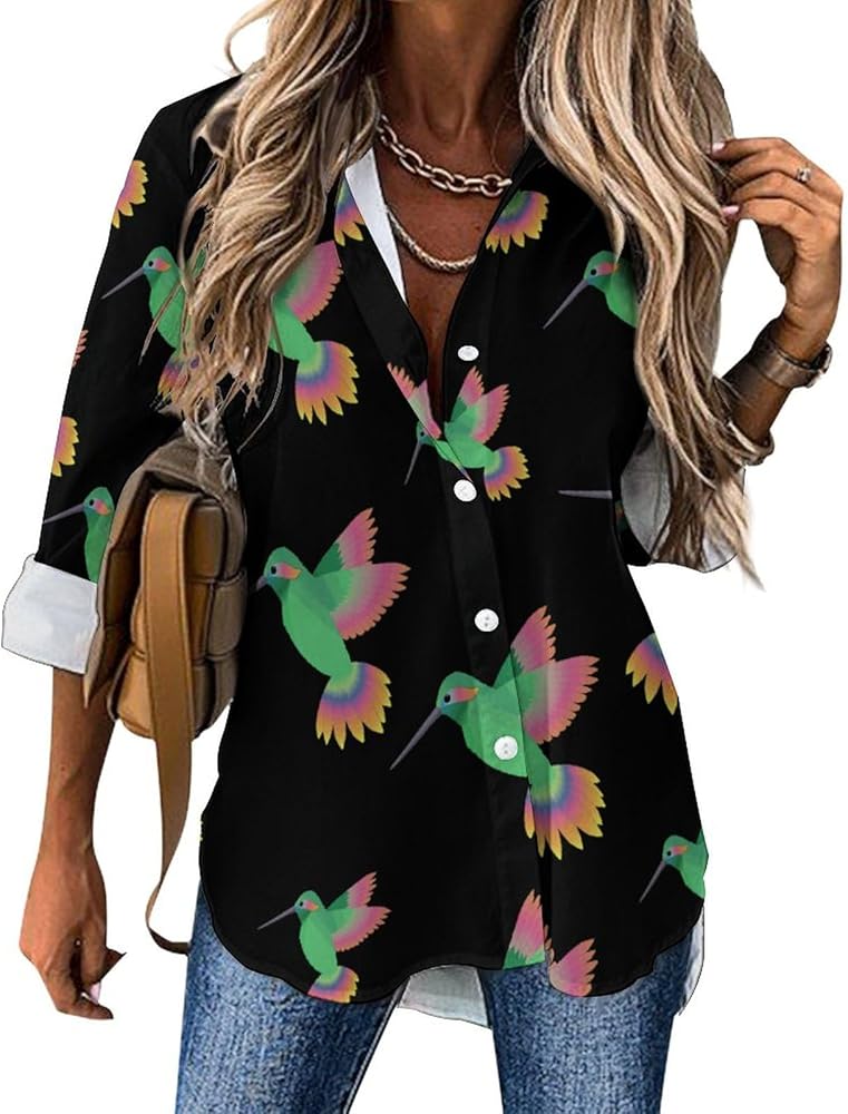 Funny Hummingbird Classic Shirts for Women Long Sleeve Blouse Casual V Neck Tee Tops Work Office