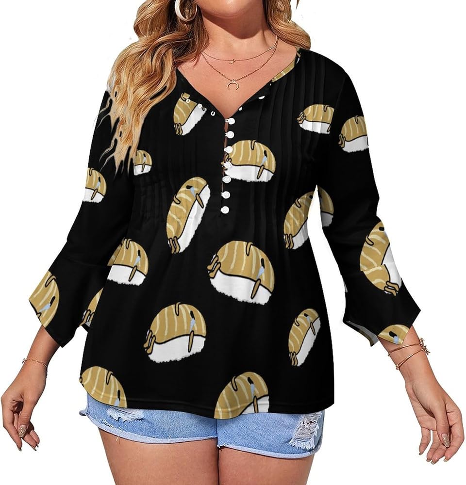 Cute Fish Sushi Cute Womens T-Shirts 3/4 Sleeve Button Down Tee Tops Blouse Summer Beach