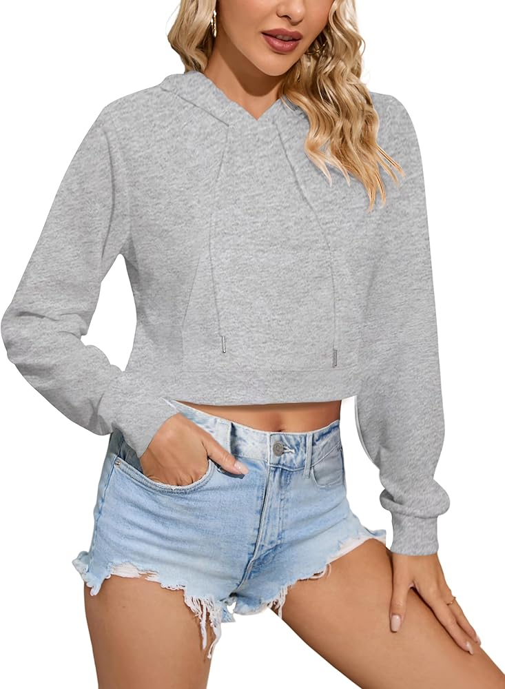 Womens Workout Cropped Zip Up Drawstring Hoodie Sweatshirt Jacket Crop Long Sleeve Tops