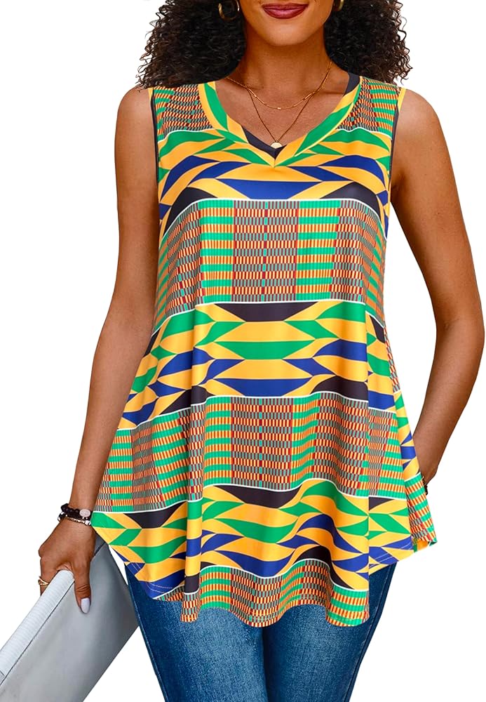 Afibi Summer Tops for Women Sleeveless V Neck Tshirt Loose Fit African Dashiki Tank Tunic Blouse