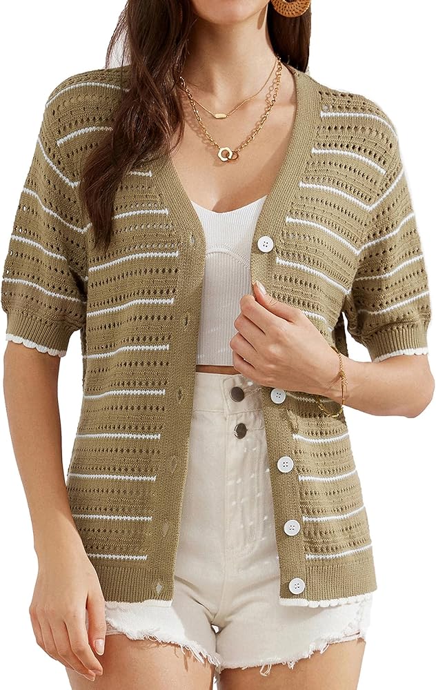 GRACE KARIN Women's Cropped Cardigan 2024 Short Sleeve Lightweight Crochet Shrug Hollowed-Out Knit Bolero Sweater Tops