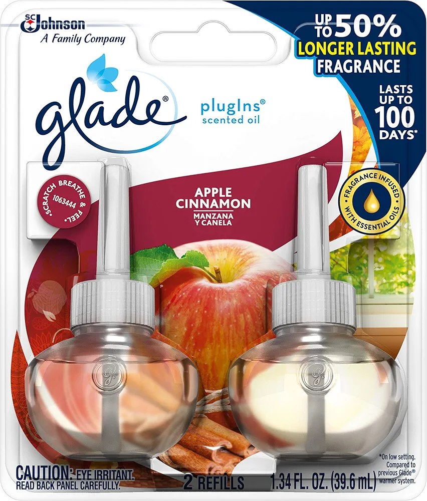 Glade PlugIns Refills Air Freshener, Scented and Essential Oils for Home and Bathroom, Apple Cinnamon, 1.34 Oz, 2 Count